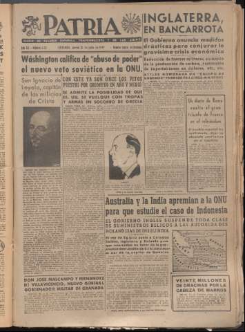 'Patria : diario de Falange Española Tradicionalista y de las J.O.N.S.' - Año XII Número 4123 - 1947 julio 31
