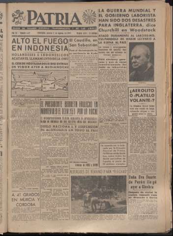 'Patria : diario de Falange Española Tradicionalista y de las J.O.N.S.' - Año XII Número 4127 - 1947 agosto 5