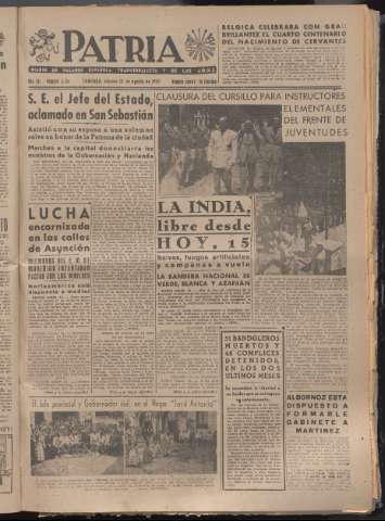 'Patria : diario de Falange Española Tradicionalista y de las J.O.N.S.' - Año XII Número 4136 - 1947 agosto 15