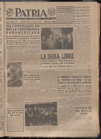 'Patria : diario de Falange Española Tradicionalista y de las J.O.N.S.' - Año XII Número 4137 - 1947 agosto 16