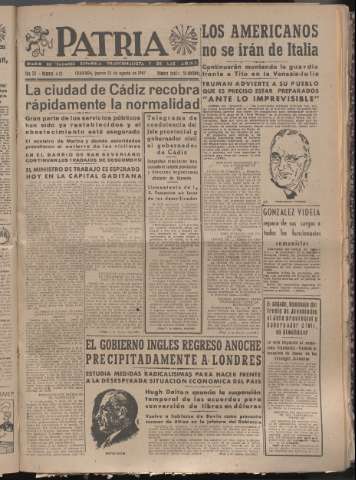 'Patria : diario de Falange Española Tradicionalista y de las J.O.N.S.' - Año XII Número 4121 - 1947 agosto 21