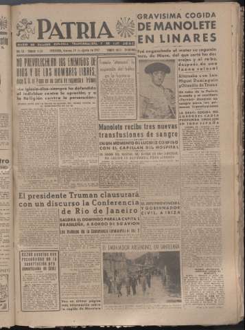 'Patria : diario de Falange Española Tradicionalista y de las J.O.N.S.' - Año XII Número 4128 - 1947 agosto 29