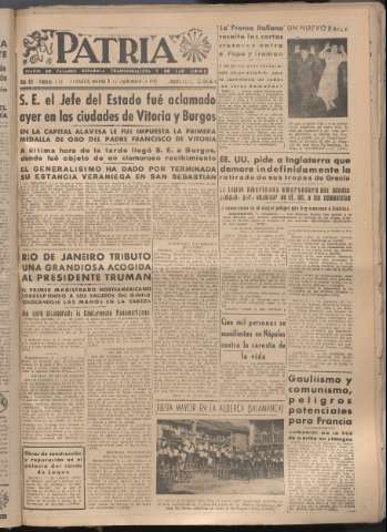 'Patria : diario de Falange Española Tradicionalista y de las J.O.N.S.' - Año XII Número 4131 - 1947 septiembre 2