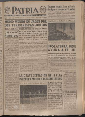 'Patria : diario de Falange Española Tradicionalista y de las J.O.N.S.' - Año XII Número 4139 - 1947 septiembre 11