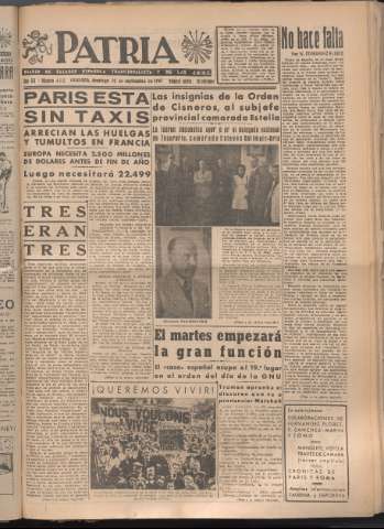 'Patria : diario de Falange Española Tradicionalista y de las J.O.N.S.' - Año XII Número 4142 - 1947 septiembre 14