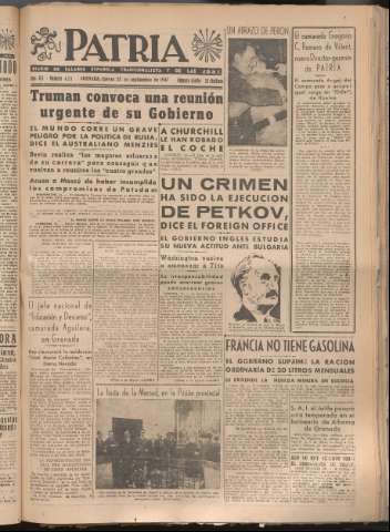 'Patria : diario de Falange Española Tradicionalista y de las J.O.N.S.' - Año XII Número 4151 - 1947 septiembre 25