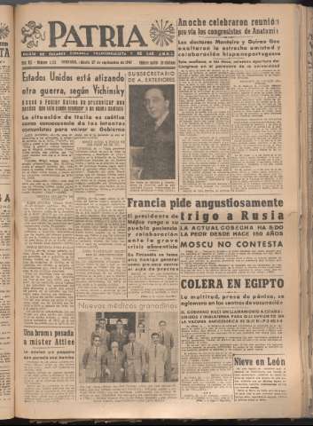 'Patria : diario de Falange Española Tradicionalista y de las J.O.N.S.' - Año XII Número 4153 - 1947 septiembre 27