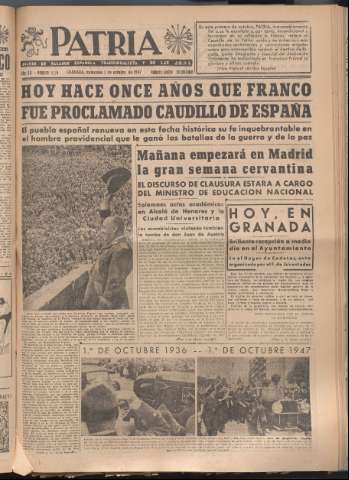 'Patria : diario de Falange Española Tradicionalista y de las J.O.N.S.' - Año XII Número 4156 - 1947 octubre 1