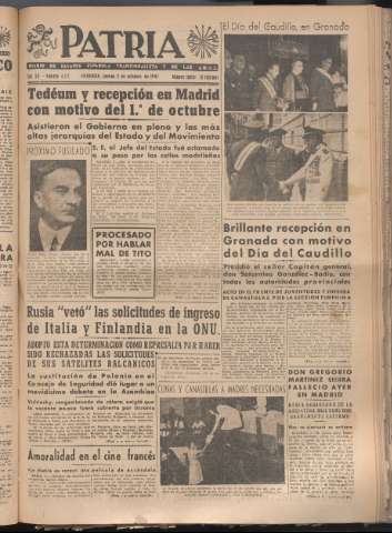 'Patria : diario de Falange Española Tradicionalista y de las J.O.N.S.' - Año XII Número 4157 - 1947 octubre 2