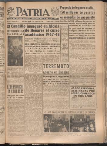 'Patria : diario de Falange Española Tradicionalista y de las J.O.N.S.' - Año XII Número 4159 - 1947 octubre 4