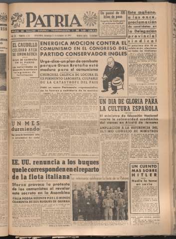 'Patria : diario de Falange Española Tradicionalista y de las J.O.N.S.' - Año XII Número 4160 - 1947 octubre 5
