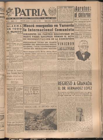 'Patria : diario de Falange Española Tradicionalista y de las J.O.N.S.' - Año XII Número 4161 - 1947 octubre 7