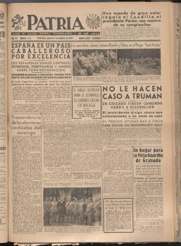 'Patria : diario de Falange Española Tradicionalista y de las J.O.N.S.' - Año XII Número 4163 - 1947 octubre 9