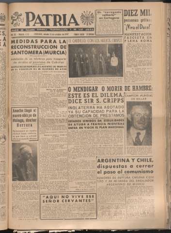 'Patria : diario de Falange Española Tradicionalista y de las J.O.N.S.' - Año XII Número 4165 - 1947 octubre 11