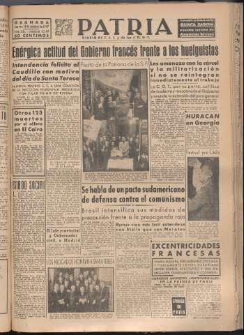 'Patria : diario de Falange Española Tradicionalista y de las J.O.N.S.' - Año XII Número 4169 - 1947 octubre 16
