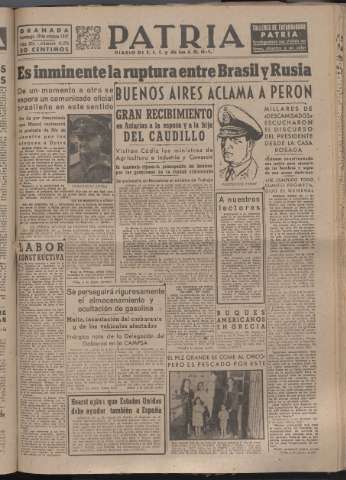 'Patria : diario de Falange Española Tradicionalista y de las J.O.N.S.' - Año XII Número 4172 - 1947 octubre 19