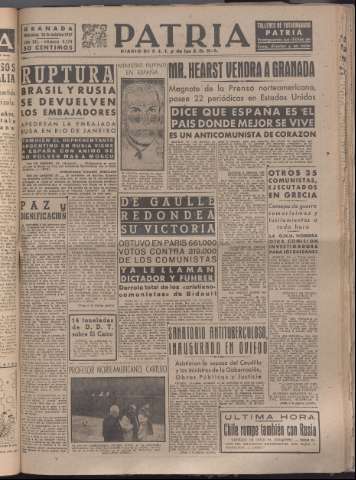 'Patria : diario de Falange Española Tradicionalista y de las J.O.N.S.' - Año XII Número 4174 - 1947 octubre 22