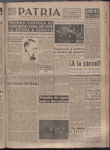'Patria : diario de Falange Española Tradicionalista y de las J.O.N.S.' - Año XII Número 4176 - 1947 octubre 24