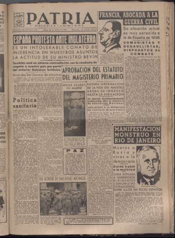 'Patria : diario de Falange Española Tradicionalista y de las J.O.N.S.' - Año XII Número 4177 - 1947 octubre 25