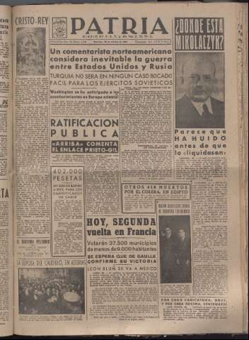 'Patria : diario de Falange Española Tradicionalista y de las J.O.N.S.' - Año XII Número 4178 - 1947 octubre 26