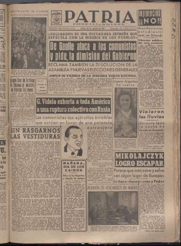 'Patria : diario de Falange Española Tradicionalista y de las J.O.N.S.' - Año XII Número 4179 - 1947 octubre 28