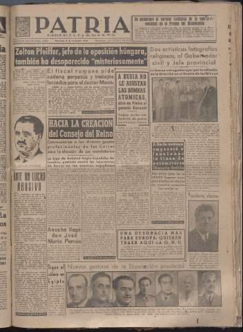 'Patria : diario de Falange Española Tradicionalista y de las J.O.N.S.' - Año XII Número 4186 - 1947 noviembre 5