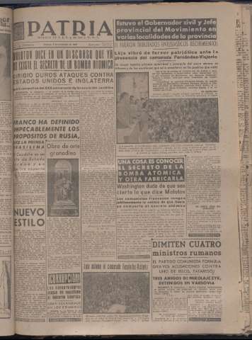 'Patria : diario de Falange Española Tradicionalista y de las J.O.N.S.' - Año XII Número 4188 - 1947 noviembre 7