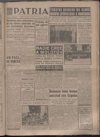 'Patria : diario de Falange Española Tradicionalista y de las J.O.N.S.' - Año XII Número 4189 - 1947 noviembre 8