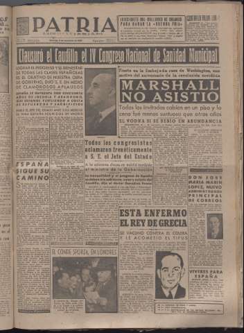 'Patria : diario de Falange Española Tradicionalista y de las J.O.N.S.' - Año XII Número 4190 - 1947 noviembre 9