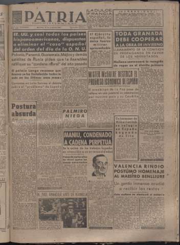 'Patria : diario de Falange Española Tradicionalista y de las J.O.N.S.' - Año XII Número 4192 - 1947 noviembre 12
