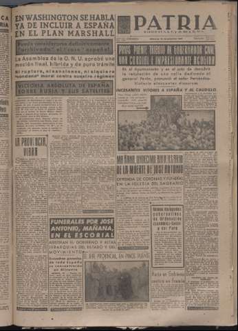 'Patria : diario de Falange Española Tradicionalista y de las J.O.N.S.' - Año XII Número 4198 - 1947 noviembre 19