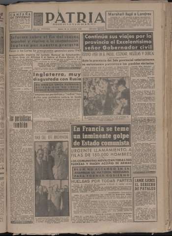 'Patria : diario de Falange Española Tradicionalista y de las J.O.N.S.' - Año XII Número 4201 - 1947 noviembre 22