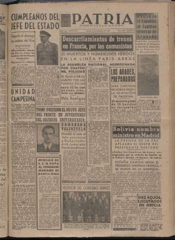 'Patria : diario de Falange Española Tradicionalista y de las J.O.N.S.' - Año XII Número 4211 - 1947 diciembre 4