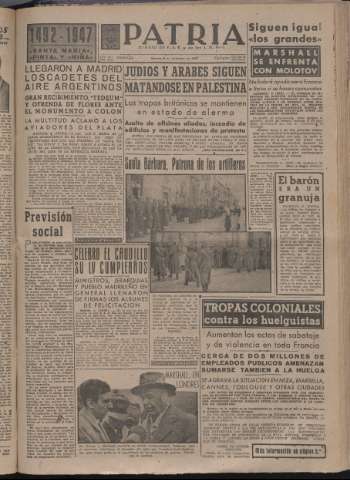 'Patria : diario de Falange Española Tradicionalista y de las J.O.N.S.' - Año XII Número 4212 - 1947 diciembre 5