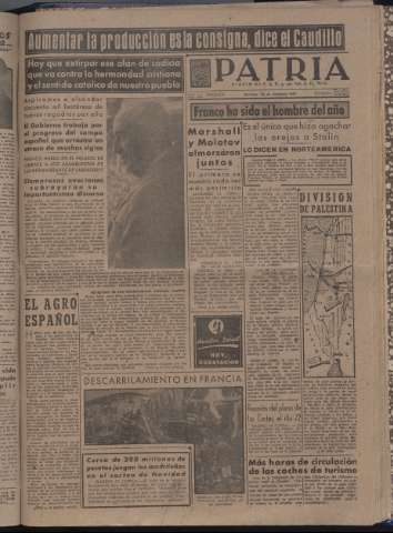 'Patria : diario de Falange Española Tradicionalista y de las J.O.N.S.' - Año XII Número 4220 - 1947 diciembre 14