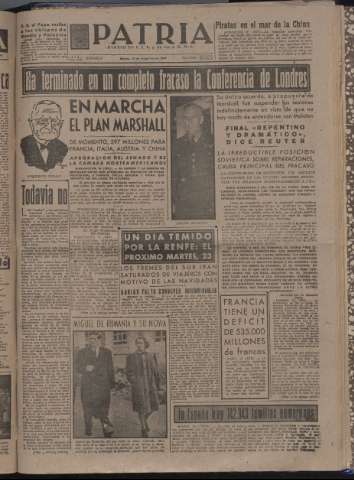'Patria : diario de Falange Española Tradicionalista y de las J.O.N.S.' - Año XII Número 4221 - 1947 diciembre 16