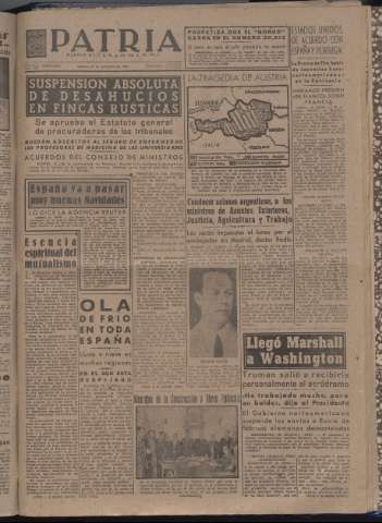 'Patria : diario de Falange Española Tradicionalista y de las J.O.N.S.' - Año XII Número 4225 - 1947 diciembre 20