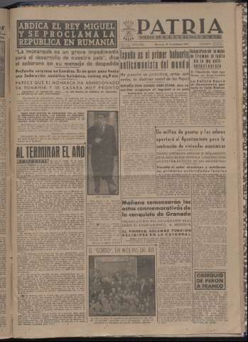 'Patria : diario de Falange Española Tradicionalista y de las J.O.N.S.' - Año XII Número 4233 - 1947 diciembre 31