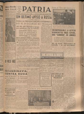 'Patria : diario de Falange Española Tradicionalista y de las J.O.N.S.' - Año XIII Número 4300 - 1948 marzo 19