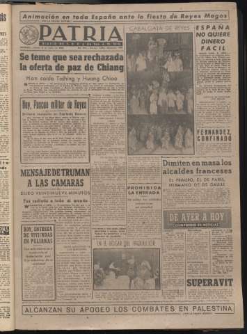 'Patria : diario de Falange Española Tradicionalista y de las J.O.N.S.' - Año XIV Número 4546 - 1949 enero 6