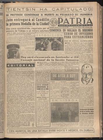 'Patria : diario de Falange Española Tradicionalista y de las J.O.N.S.' - Año XIV Número 4555 - 1949 enero 16