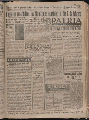 'Patria : diario de Falange Española Tradicionalista y de las J.O.N.S.' - Año XIV Número 4561 - 1949 enero 23
