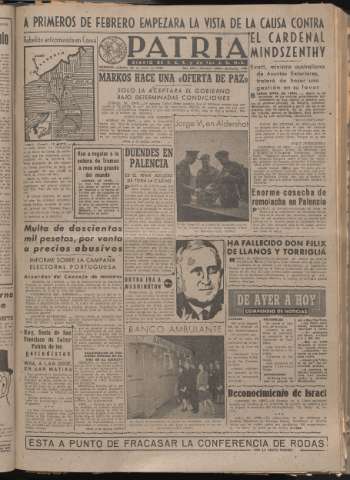 'Patria : diario de Falange Española Tradicionalista y de las J.O.N.S.' - Año XIV Número 4566 - 1949 enero 29