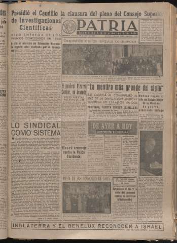 'Patria : diario de Falange Española Tradicionalista y de las J.O.N.S.' - Año XIV Número 4567 - 1949 enero 30