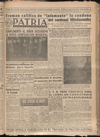 'Patria : diario de Falange Española Tradicionalista y de las J.O.N.S.' - Año XIV Número 4477 - 1949 febrero 11