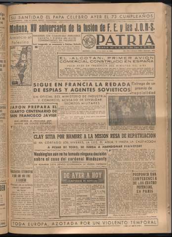 'Patria : diario de Falange Española Tradicionalista y de las J.O.N.S.' - Año XIV Número 4594 - 1949 marzo 3