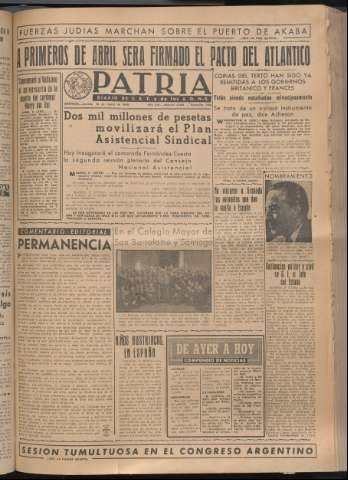 'Patria : diario de Falange Española Tradicionalista y de las J.O.N.S.' - Año XIV Número 4600 - 1949 marzo 10