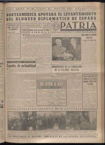 'Patria : diario de Falange Española Tradicionalista y de las J.O.N.S.' - Año XIV Número 4607 - 1949 marzo 18