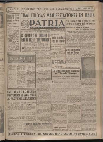 'Patria : diario de Falange Española Tradicionalista y de las J.O.N.S.' - Año XIV Número 4610 - 1949 marzo 22