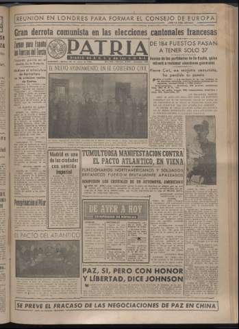 'Patria : diario de Falange Española Tradicionalista y de las J.O.N.S.' - Año XIV Número 4616 - 1949 marzo 29